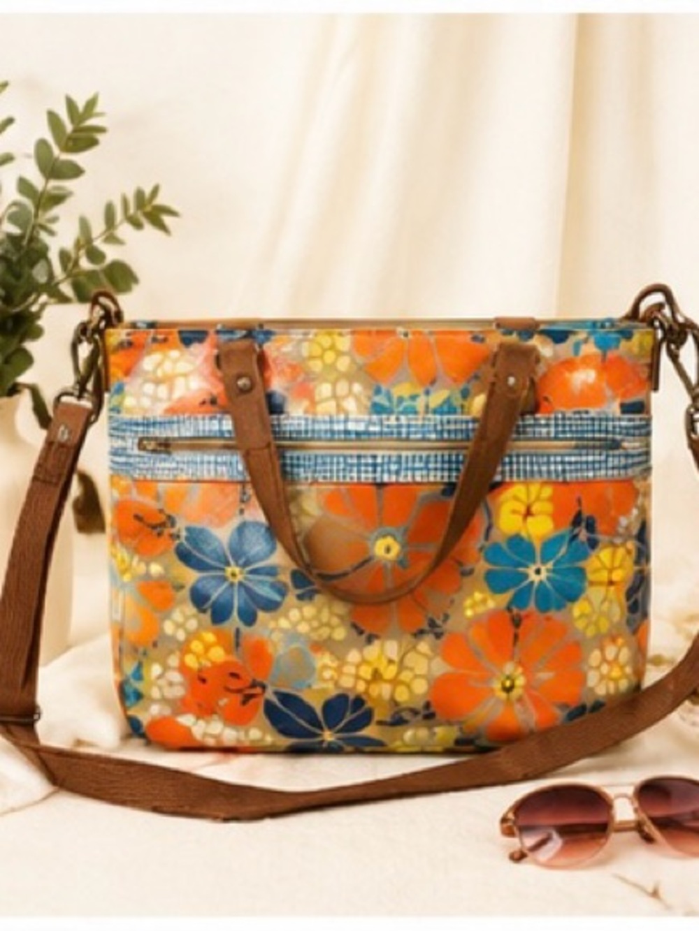 Vintage Fossil Floral Coated Canvas Crossbody Tote